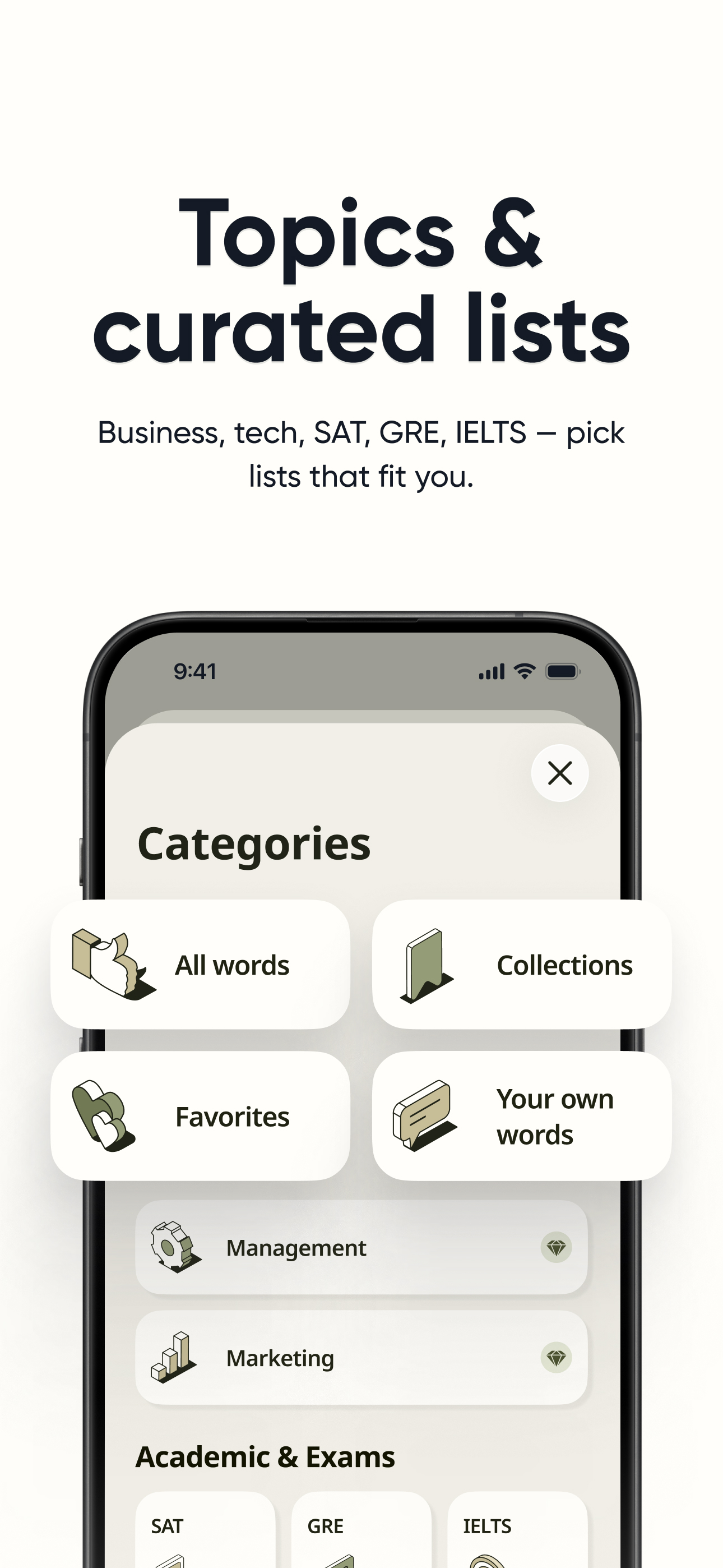 Topics and curated lists — business, tech, SAT, GRE