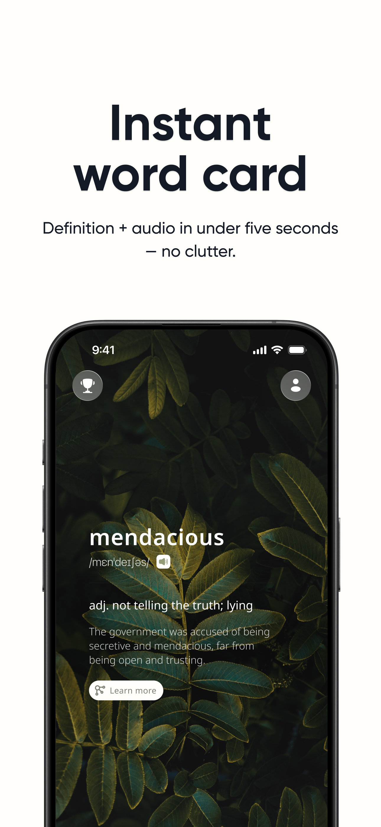 Instant word card — definition and audio in under five seconds