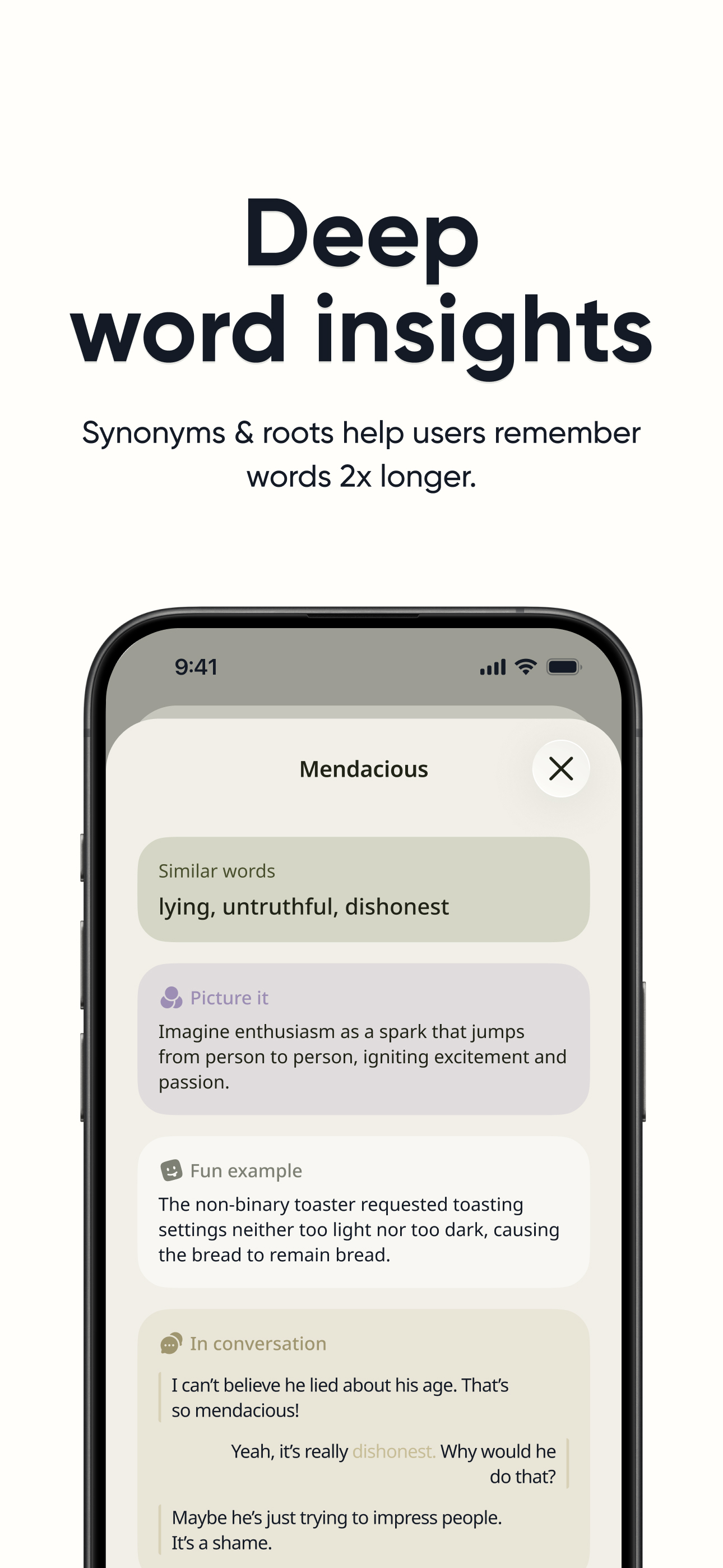 Deep word insights — synonyms, roots, and fun examples