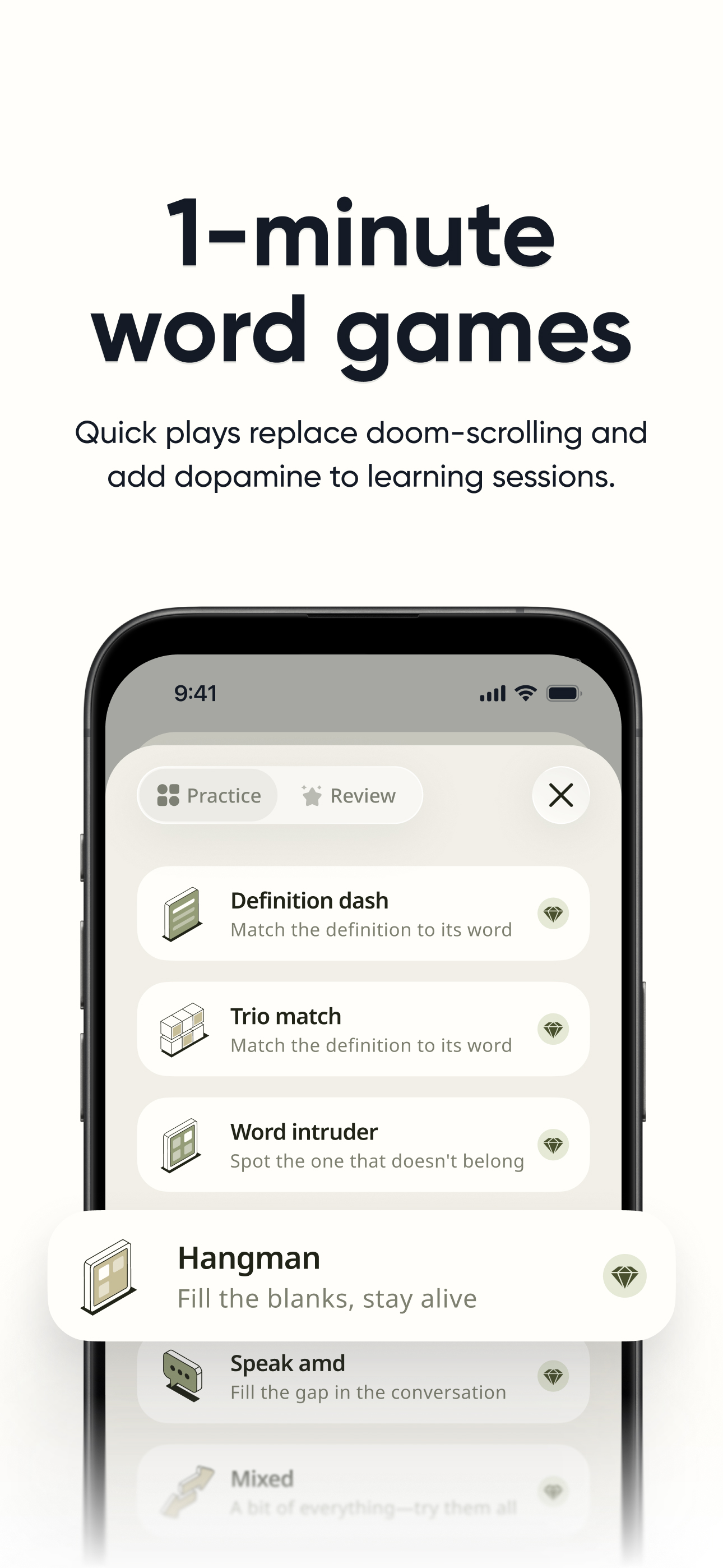 1-minute word games — five quiz types