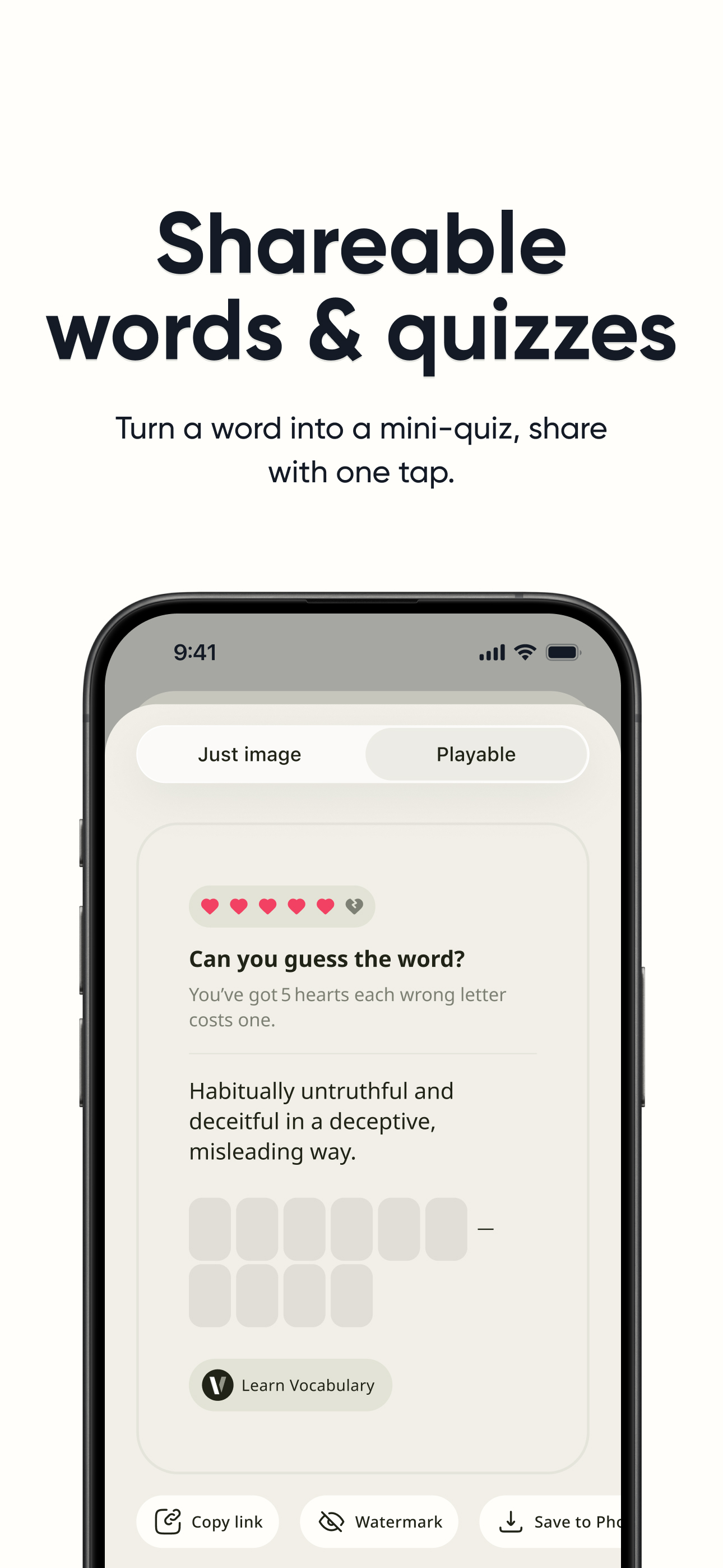 Shareable words and quizzes — share with one tap